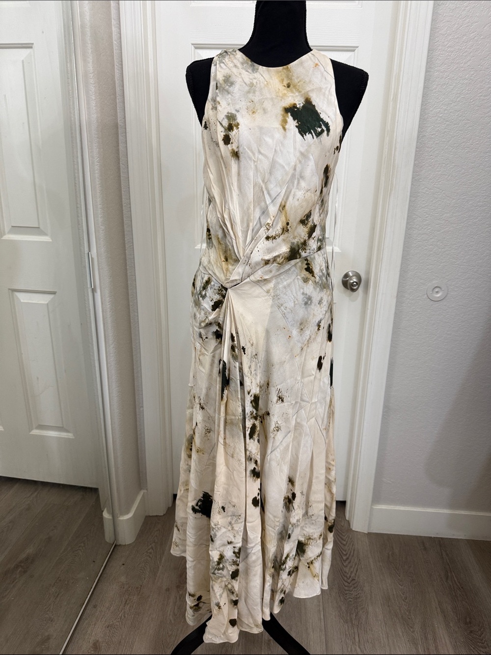 Zara Cream Maxi Dress with Olive and Brown Tie-Dye